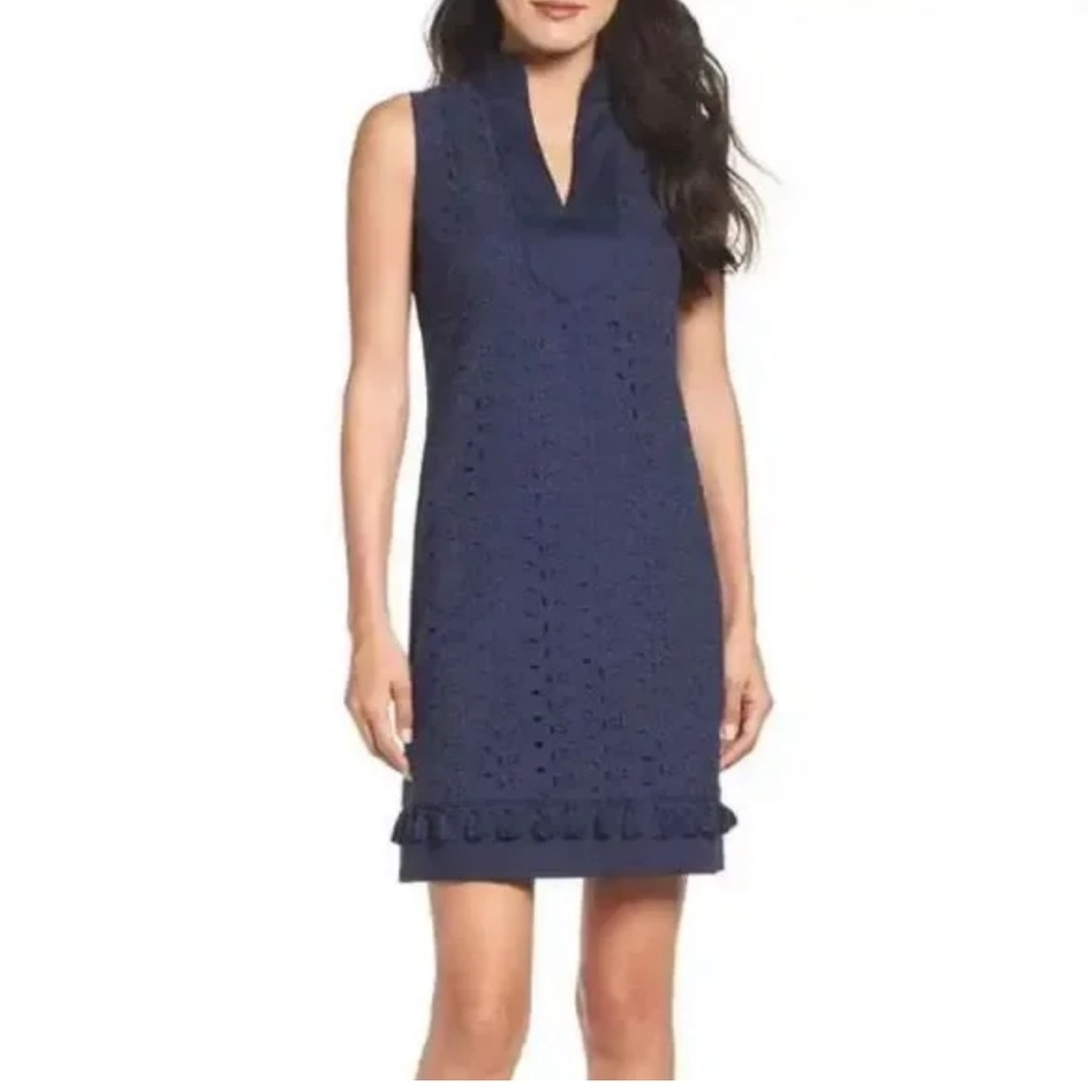 Eliza J V Neck Sleeveless Mandarin Collar Lace Shift Dress Navy Blue Size 4